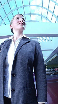 woman at train 
station